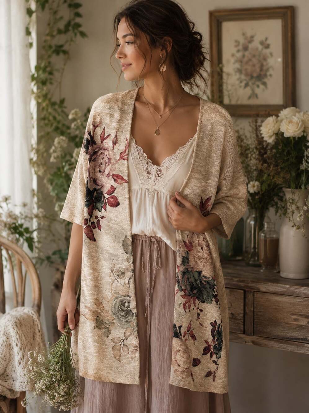 Ginger G Floral Open Front Cardigan Duster Beige Rose Print Boho Cottagecore S